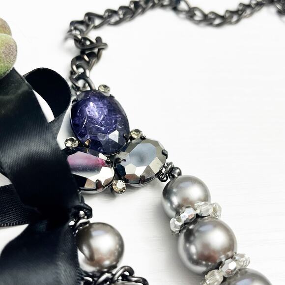 Talbots Chunky Faux Silver Pearl & Chain Purple Stone Statement Necklace - Picture 6 of 8